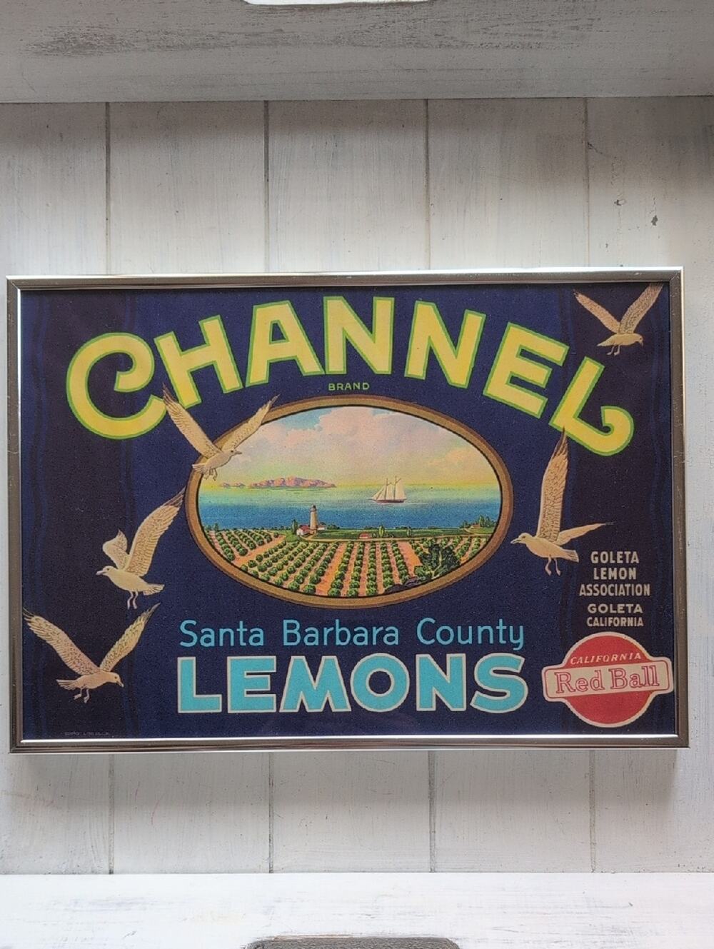 Vintage CHANNEL Lemon Crate Label Print in Blue and Yellow Custom Framed